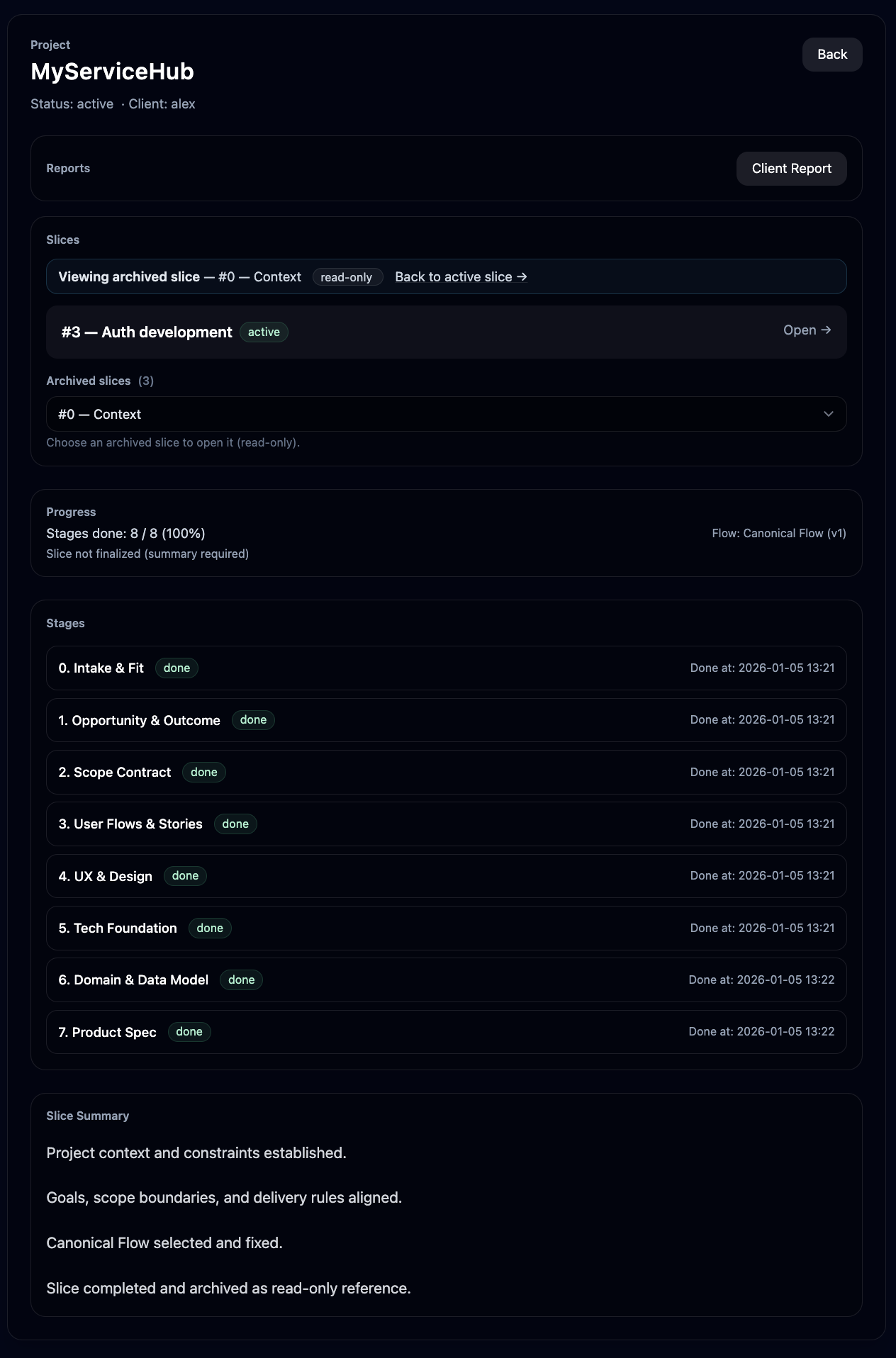 Completed stage with locked baseline